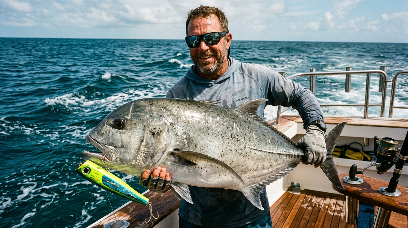 Man carrying trophy Giant Trevally GT fish with huge popper lure in ocean on boat